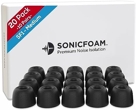 Memory Foam Earbud Tips - Premium Noise Isolation, Replacement Foam Earphone Tips, 20 Pack for in Ear Headphone Earbuds (SF1 Medium, Black)
