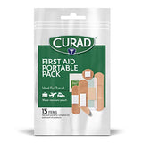 Curad First Aid Portable Pack, Ideal for Travel, Carry-on, Backpacks, Water Resistant Pouch, Variety Size Bandages, Alcohol Swabs, 12 Packs