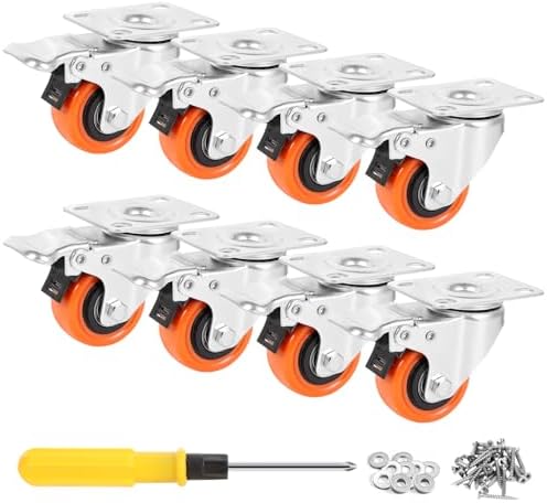WBD 2" Plate Caster Wheels Set of 8, Heavy Duty Casters with Brake, 1200 Lbs, Safety Dual Locking, Industrial Swivel Top Plate Casters Wheels for Furniture, Carts (Screws and Screwdriver)