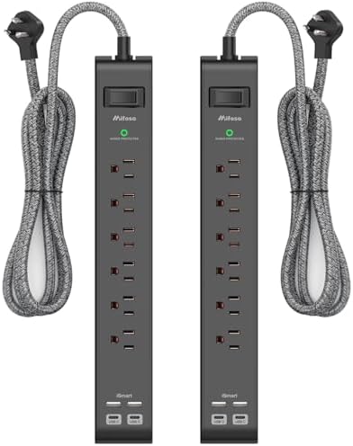 2 Pack Surge Protector Power Strip - 6 Outlets 4 USB Charging Ports, 5Ft Braided Extension Cord, Flat Plug, Overload Protection, Wall Mount for Home Office, Dorm Room Essentials