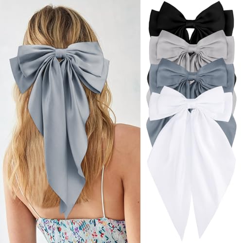Velscrun Hair Bows for Women Girls 4Pcs White Silky Hair Bow Navy Blue Satin Large Coquette Bow Grey Big Hair Bows Clip Oversized Hair Ribbons Long Tail Black Bow Hair Barrettes Hair Accessories Gifts