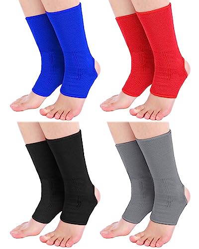 Handepo 4 Pairs Muay Thai Ankle Wraps MMA Compression Foot Sleeve Ankle Braces Sock Support for Men Women Kickboxing Martial Arts Gym Running Sports(Black, Red, Blue, Gray)