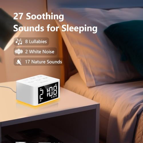 【3 in 1】Sound Machine Dual Alarm Clock Night Light White Noise Machine 27 Sleeping Sounds for Adults Kids Precise 32 Level Volume Sleep Timer Memory Function Digital Clock with 30 Wake Up Sounds