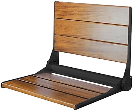 Home Aesthetics 18" ADA Compliant Wall-Mounted Folding Serena Teak Wood Shower Bench Seat with Matte Black Frame, Clear Coated for Extra Protection