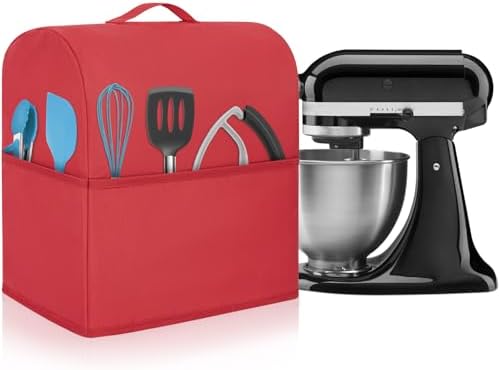 KitchenAid Mixer Cover, Red, Polyester, Fits 5/4.5 Quart Tilt & Bowl Lift Models, Water-resistant Dust Cover with 3 Pockets & Handle