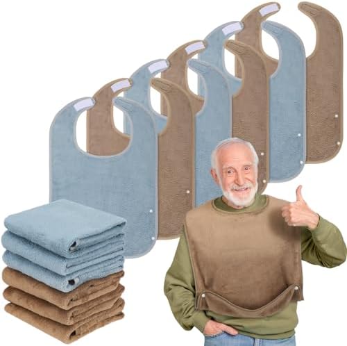 6 Pack Adult Bibs for Men and Women Elderly Senior Washable Clothing Protector with Crumb Catcher Large Towel Bibs for Special Needs Adult and Disabled Adjustable Reusable
