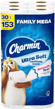 Charmin Toilet Paper Ultra Soft Cushiony Touch, 30 Family Mega Rolls = 153 Regular Rolls