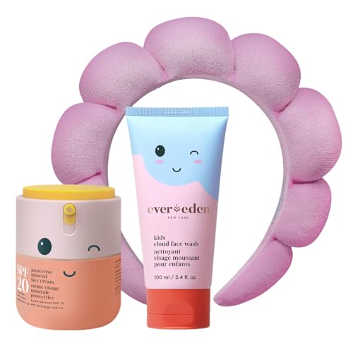 Kids Happy Morning DUO with Spa headband for Girls: Clean & Vegan Skin Care for Kids Bundle | Kids Skin Care Cloud Face Wash + SPF 20 Mineral Face Cream | Non-Toxic | Easy-to-Use Skincare for Kids