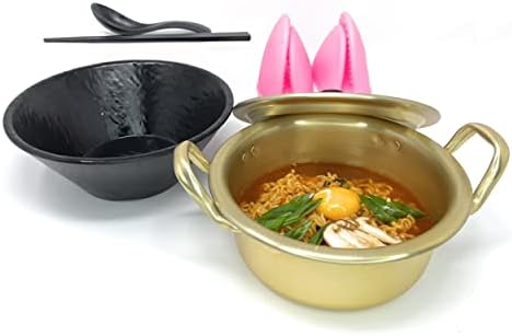 Korean Traditional Instant Ramen Small Hot Pot Set, 6.3" Aluminum Noodle Hot Pot(16cm, 1 Quart) with Lid, Silicone Hot Pot Holder, Premium Melamine Ramen Bowl, Chopsticks and Spoon Pack