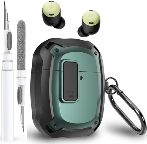 for Google Pixel Buds Pro/Pro 2 Case Cover with Lock Clip & Cleaner Pen 2022/2024, Shockproof Protective Hard Shell Skin with Carabiner Men Women - Black/Green