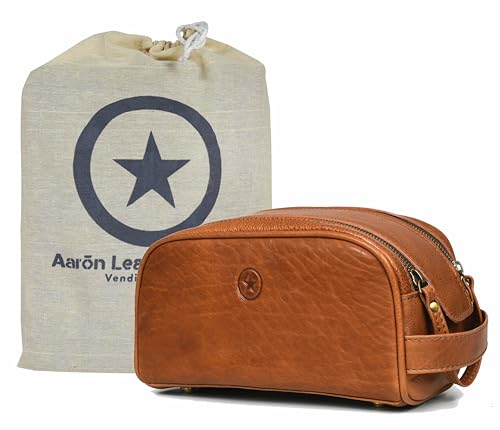 10" Premium Leather Toiletry Travel Pouch With Waterproof Lining | King-Size Handcrafted Vintage Dopp - Kit ~ Gift for Father's Day By Aaron Leather Goods