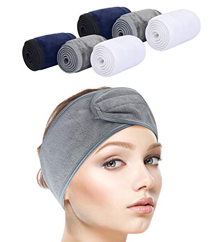 SINLAND Spa Headband for Women 6 Counts Ultra Soft Adjustable Makeup Hair Band with Magic Tape, Stretch Head Wrap for Bath, Shower, Facial Mask, Yoga