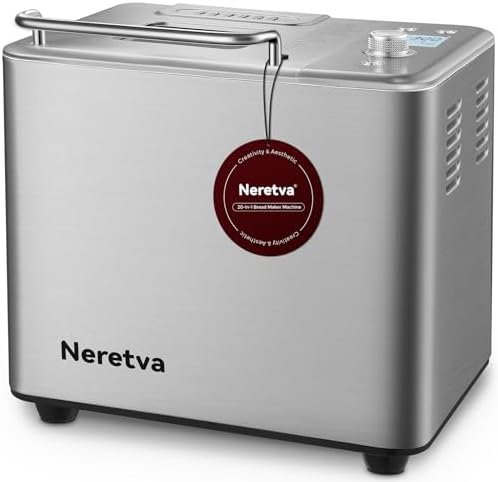 Neretva Bread Maker, [20-IN-1 & Dual Heater & 2LB]Smallest Size Bread Machine Nonstick Ceramic Pan Bread Maker Machines All Metal for Gluten Free/Dough Maker/French/Dried Meat Floss/Jam/Yogurt(Silver)