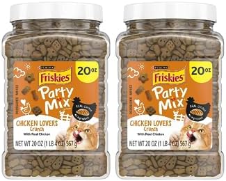 Purina Friskies Party Mix Cat Treats, Chicken Lovers Crunch, Made with Real Chicken, Crunchy Cat Treats for Adult Cats, 20-Ounce Resealable Canister (Pack of 2)