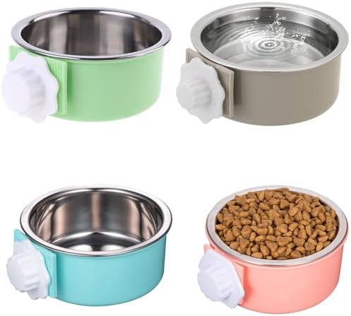 4 Pieces Crate Dog Bowl, Removable Stainless Steel Pet Kennel Hanging Food Water Feeder Bowl Cage Coop Cup for Puppy Medium Dog Cat Rabbit Ferret Bird