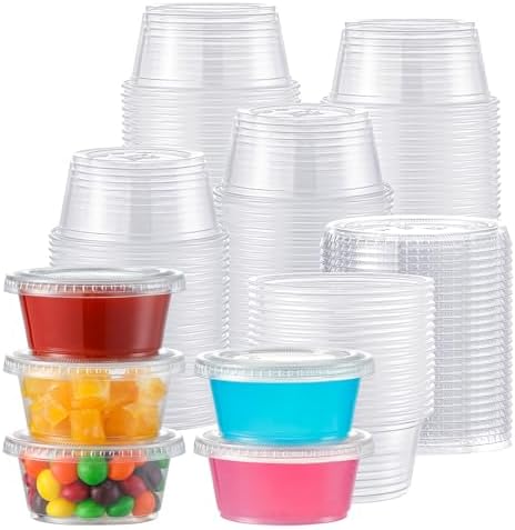 AOZITA 100 Sets - 3.25 oz Portion Cups With Lids, Jello Shot Cups, Small Plastic Containers, Airtight and Stackable Souffle Cups