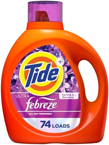 Tide Plus Febreze Freshness HE Turbo Clean Liquid Laundry Detergent, Spring & Renewal Scent, 105 fl oz, 74 loads (Packaging may vary)