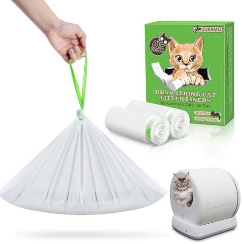 60 Pack Cat Litter Box Liners for Meo Want SC01, MW-SC02, MW-LR01,1.5 Mil Thick Drawstring Heavy Duty Leak-proof Disposable Smart Self-Cleaning Litter Box Robot Waste Drawer Trash Bags 18" x 12.6"