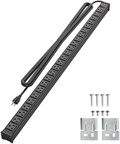 24 Outlet Metal Power Strip, Extra Long Heavy Duty Power Strip with 10FT Extension Cord, Mountable Power Strip for Warehouse Garage Workench, ETL Listed, Black