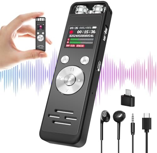 64GB Digital Voice Recorder with Playback,Voice Activated Recorder with Noise Reduction,3072 Kbps HD Recording Voice Recorder,Dual Microphone A-B Repeat Recording Mp3 Player and Password
