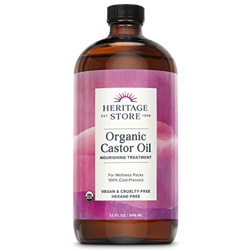HERITAGE STORE Organic Castor Oil - Nourishing Treatment for Hair and Skin - Nutrient-Packed Hair Oil, Lash Serum for Eyelashes and Brows, Castor Oil Packs, Cold Pressed, Hexane Free, Vegan, 32oz