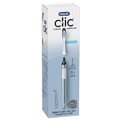 Oral-B Clic Manual Toothbrush (Aqua) with 2 Replaceable Brush Heads and Magnetic Brush Mount