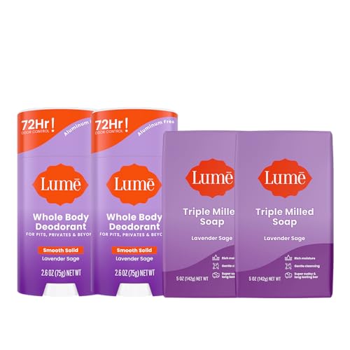 Lume Whole Body Deodorant And Soap - 2.6 Ounce Smooth Solid Stick With 72 Hour Odor Control (Pack of 2) and 5 Ounce Triple Milled Soap (Pack of 2) - Aluminum and Baking Soda Free (Lavender Sage)