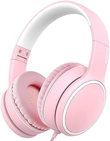 RORSOU R10 On-Ear Headphones with Microphone, Lightweight Folding Stereo Bass Headphones with 1.5M No-Tangle Cord, Portable Wired Headphones for Smartphone Tablet Computer MP3 / 4 (Pink)