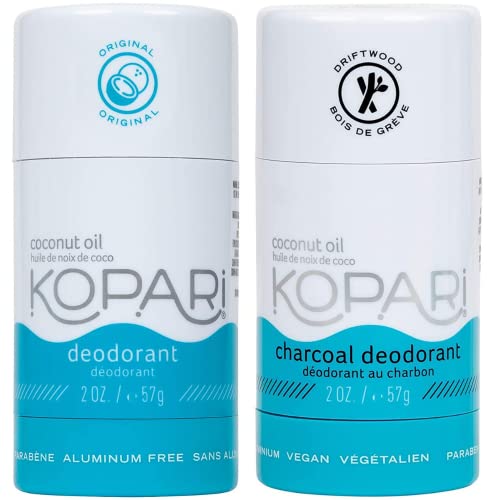 Kopari Aluminum Free Coconut Deodorant, Non Toxic & Clean Plant-Based, No Parabens or Baking Soda, Long Lasting Protection, Original & Charcoal 2 Pack