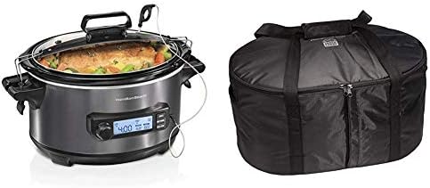 Hamilton Beach Portable 6-Quart Digital Programmable Slow Cooker With Temp Tracking Temperature Probe to Braise, (33866) and Hamilton Beach Travel Case & Carrier Insulated Bag (33002),Black