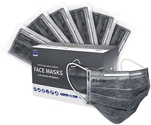4-PLY BlueEagle Individually Wrapped Disposable Adult Face Masks | Fit for Large Face | with Activated Carbon Filter | Black Color - 50 Pcs (Charcoal Black)