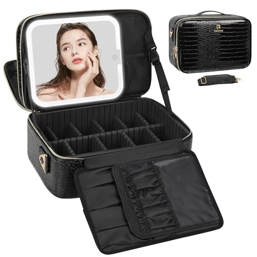 Relavel Makeup Bag With LED Mirror, 2-Layers Travel Cosmetic Bag with Removable Partitions, Large Capacity Makeup Train Case Organizer Box for Women with Lighted Mirror, Crocodile
