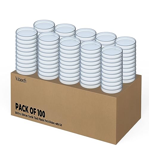 100 Packs Sterile Thick Plastic Petri Dishes with Lid, Vabiooth 100mm Dia x 15mm Deep Clear 3 Vents Petri Dish for Lab Science Experiment
