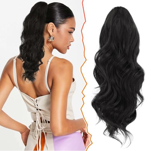 BARSDAR Drawstring Ponytail Extension, 16 Inch Short Wavy Black Ponytail Hair Extensions for Women Soft Synthetic Clip in Ponytail Hairpieces Fake Pony Tails Daily Party Halloween - Black