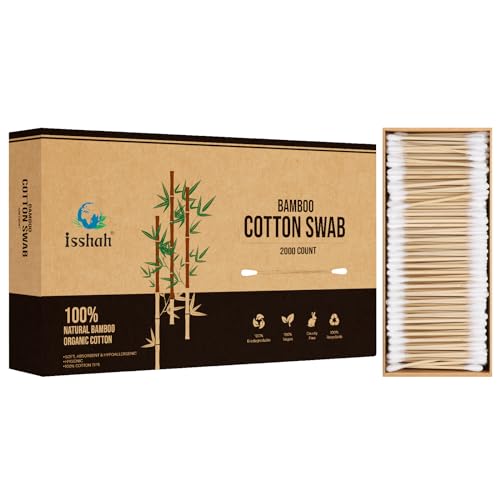 Bamboo Cotton Swabs - 2000 Count - FSC Certified and PETA Approved, Eco Friendly Double Tips, Plastic Free Ear Sticks, All Natural 100% Biodegradable Organic Cotton Buds by Isshah