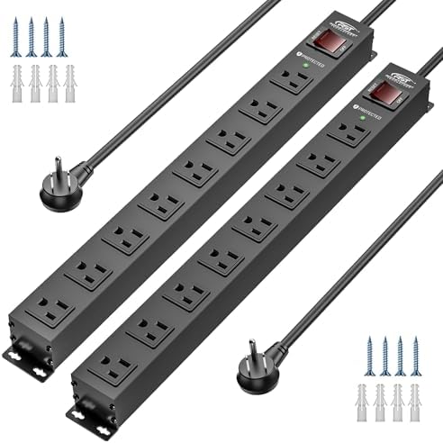 CRST 2 Pack 8 Outlet Metal Heavy Duty Power Strip with Switch, 2100J Power Strip Surge Protector, Mountable Wide Spaced Workshop Garage Power Strip, 6 FT 14AWG, 15A/1875W(Black)