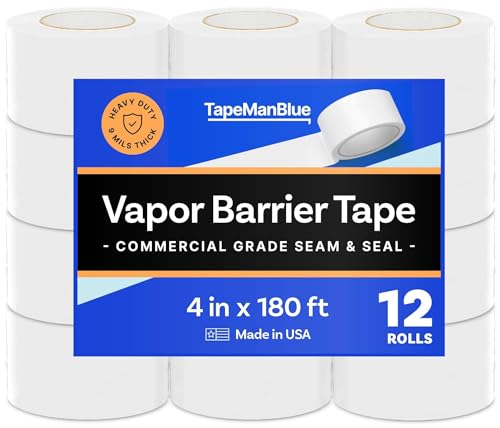 Vapor Barrier Tape - 4 inch x 180' Roll, Made in USA, White Polyethylene Tape for Crawl Spaces & Moisture Barriers, Waterproof Seal & Seam Tape for Underlayment, Insulation, and Plastic Liners (12)