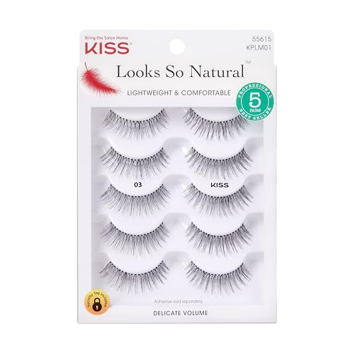 KISS Looks So Natural False Eyelashes Multipack #03, Lightweight & Comfortable, Delicate Volume, Natural-Looking, Tapered End Technology, Reusable, Cruelty-Free, Contact Lens Friendly, 5 Pairs