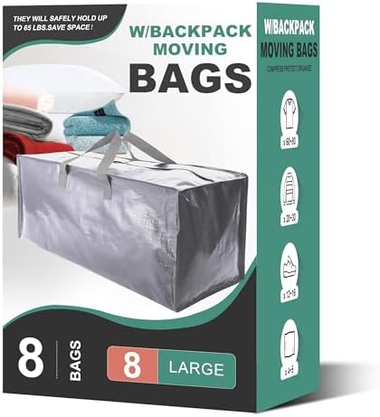 Heavy Duty Moving Bags, Extra Large Storage Totes W/Backpack Straps Strong Handles & Zippers, Alternative to Moving Boxes, Moving Supplies for Dorm Room Essentials (Silver, 8 Pack)