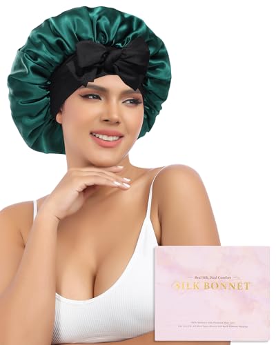 AWAYTR Silk Bonnet for Sleeping Women 100% Mulberry Silk Bonnet with Band 2 Layer Reversible Hair Bonnet Sleeping Hair Wrap (Silk, Black/Green)
