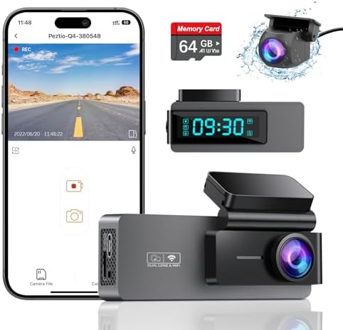Dash Cam Front and Rear 4K+1080P, Free 64GB Card, Built-in WiFi, Dash Camera for Cars, Car Camera, Dual Dashcams for Cars with Night Vision, 24 Hours Parking Monitor, Loop Recording