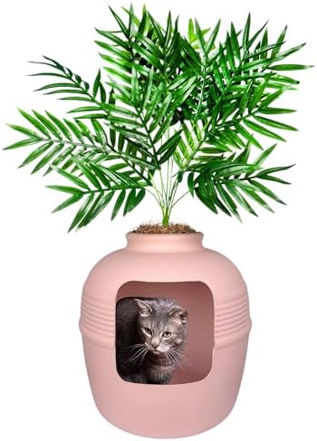 Good Pet Stuff Hidden Litter Box Base Kit, Round Enclosed Cat Planter Furniture with Fake Plant, Hooded Vented Carbon Filter System for Odor Control, Easy to Clean, Made in USA, Pink Coral