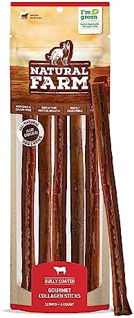 Natural Farm Bully Coated Gourmet Collagen Sticks (12 Inch, 5 Pack), Real Bully Beef Coated, 95% Natural Collagen, Supports Healthy Joints, Skin & Coat - Best for Small & Medium Dogs