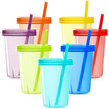 Youngever 7 Sets Plastic Kids Cups with Lids and Straws, 7 Reusable Toddler Cups with Straws in 7 Assorted Colors