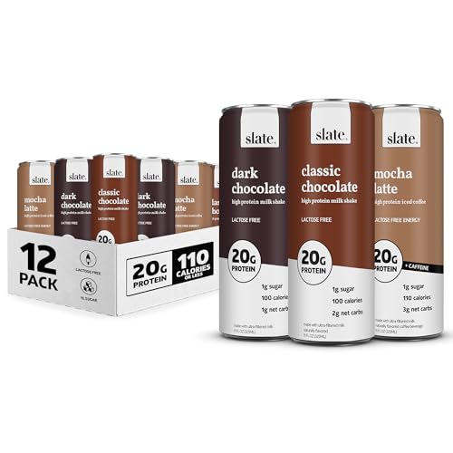 Slate Milk - High Protein Milk Shake - Chocolate Variety Pack - Chocolate, Dark Chocolate, Mocha Latte - Lactose Free, 20g Protein, 1g Sugar, 100-110 Calories, 1-3g Net Carbs - 11 fl oz, 12 Cans