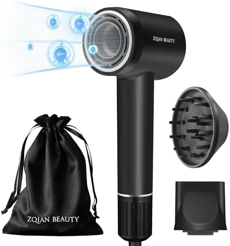 110,000 RPM Brushless Motor Hair Dryer for Fast Drying, 200 Million Negative Ions, Travel-Friendly Low Noise Design (Black, with Concentrator and Diffuser)