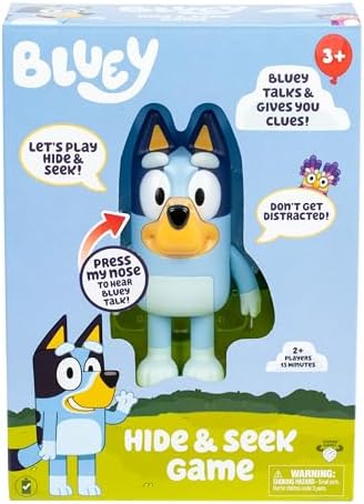 Bluey Hide & Seek Game, Hide The Figure and Press her Nose to Start The Built-in Timer, Talks and Giggles to Help Kids find her, When Found, Kids can Dance to Theme Song