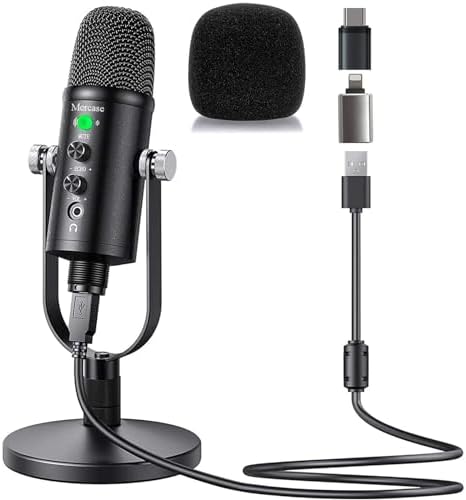 Mercase USB Condenser Microphone for Podcasting, Streaming, Recording on Phone, PC, Mac, PS4/PS5,Plug & Play, Quick Mute,Metal Stand with 360° Rotation