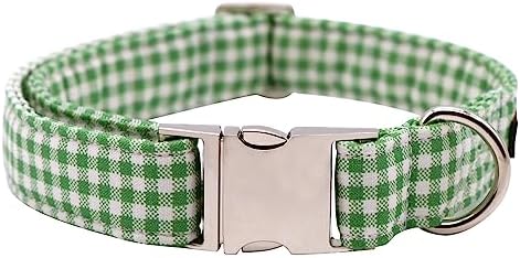 Lionet Paws Dog Collar, Comfortable Adjustable Cute Collar with Metal Buckle for Male Female Dogs, Green&White Grid Pattern, Medium, Neck 13.5-22 inches