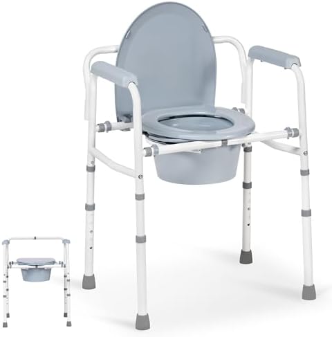 Careboda Bedside Commode Chair with Bucket for Seniors, Portable Extra Wide Commode Seat for Toilet, Folding Steel Chair with 5 Adjustable Heights, 350 Pound Support Capacity, 7.5 Qt. Bucket